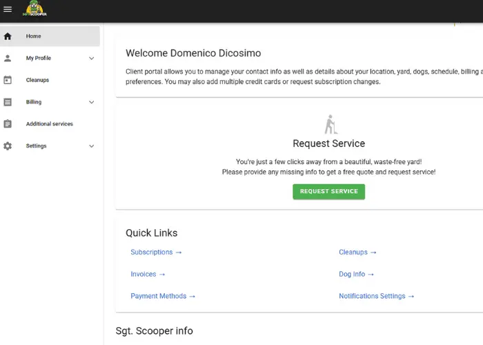 Screenshot of Sgt. Scooper customer portal dashboard interface
